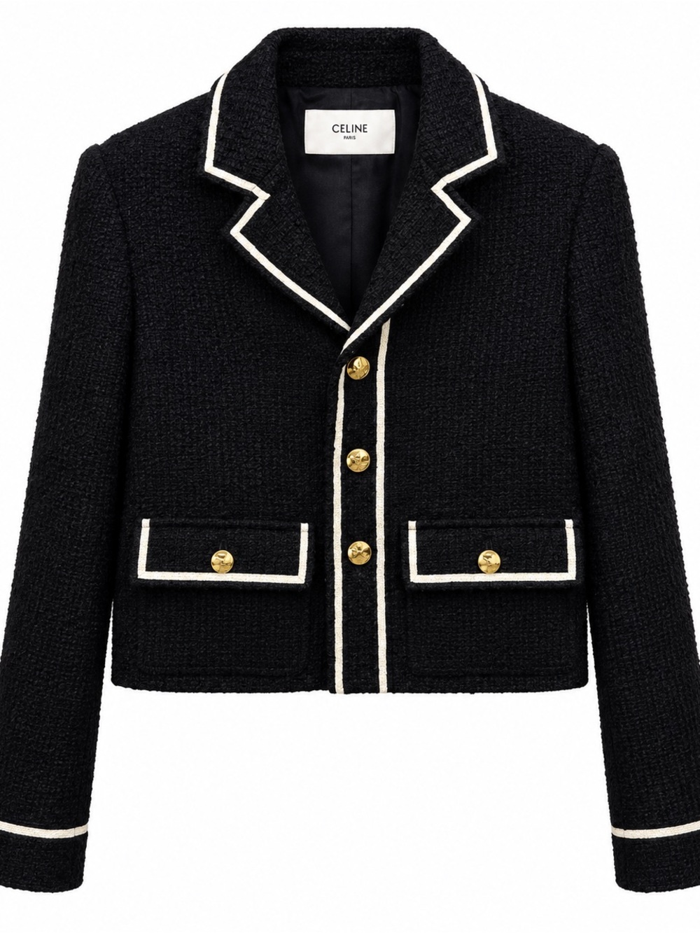 Celine Black Tweed Cropped Jacket with Ivory Piping